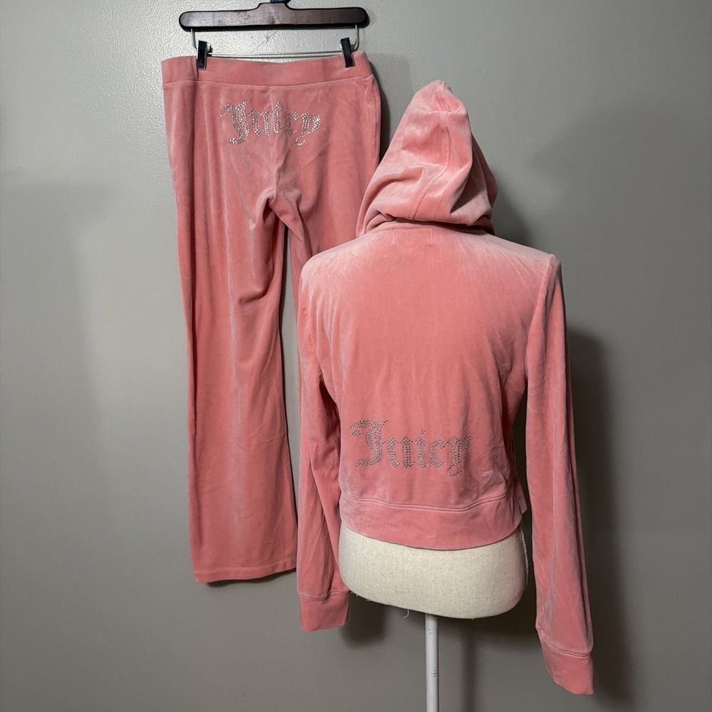 Juicy Couture OG Bling Velour Tracksuit Hoodie Pants Flamingo Pink Large